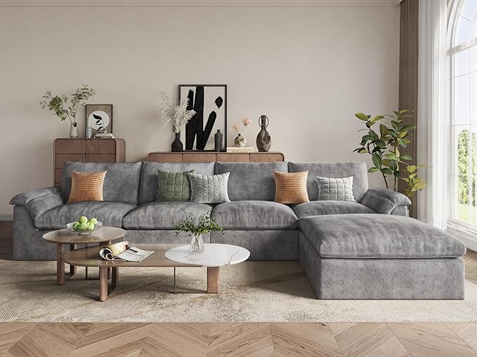 EASE MOOSE Oversized Cloud Couch Sectional Sofa, L-Shaped Large Modular Couch for Living Room, Minimalist Boneless Convertible Couches with Ottoman, 5-Seat Deep Sofas for Bedroom, Chenille (Grey)
