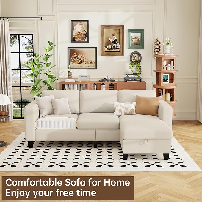 ZeeFu Sectional and Sofa Couches for Living Room - 78'' 3 Seater L-Shaped Modular Couch with Storage Ottoman - Modern Linen Fabric Upholstered Sofa Set for Small Space Apartment Office