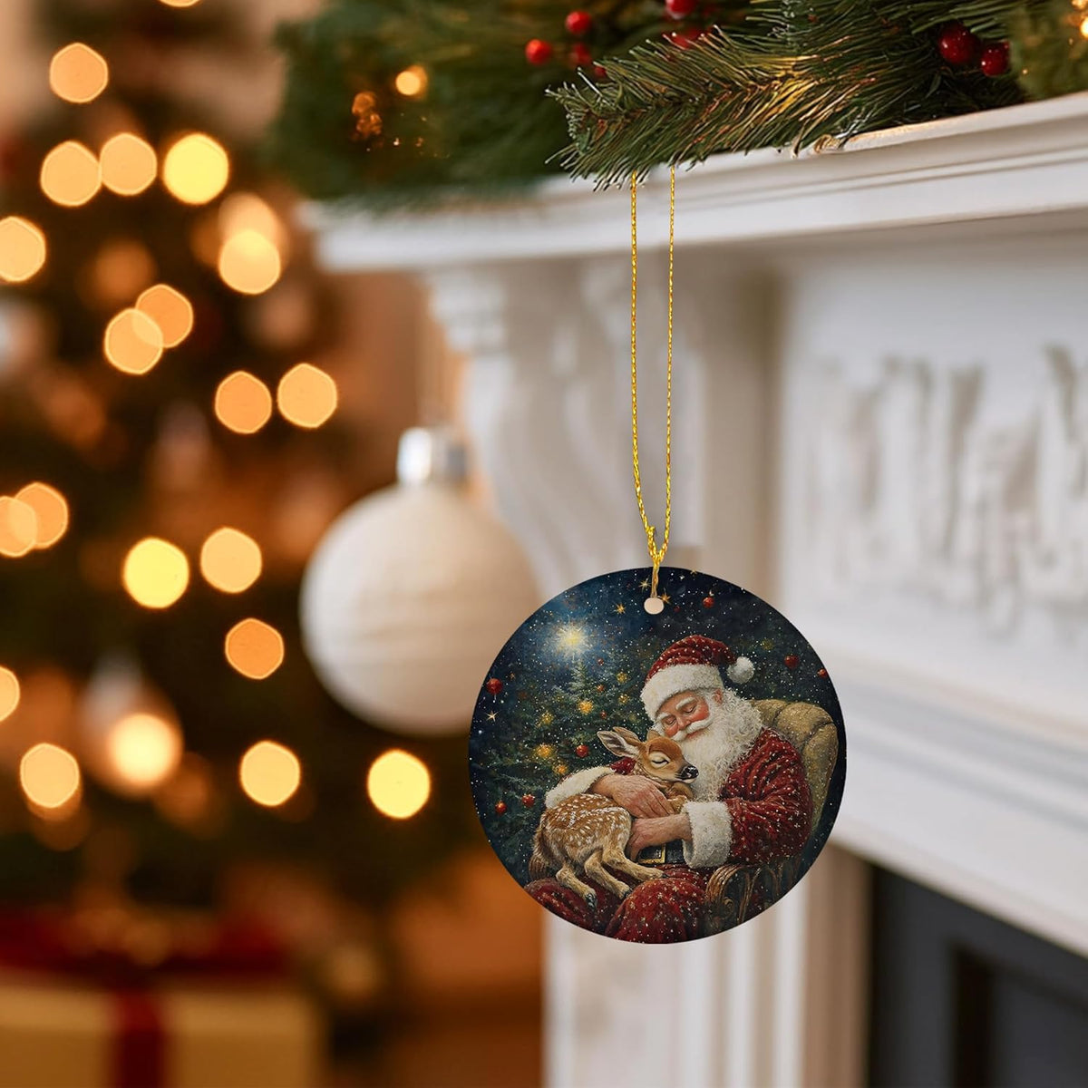 Vintage Christmas Santa Deer Ceramic Ornament Gifts, Rustic Winter Christmas Decorative Hanging Ornaments for Xmas Tree Holiday Party Decoration, Santa Deer Xmas Tree Decorations