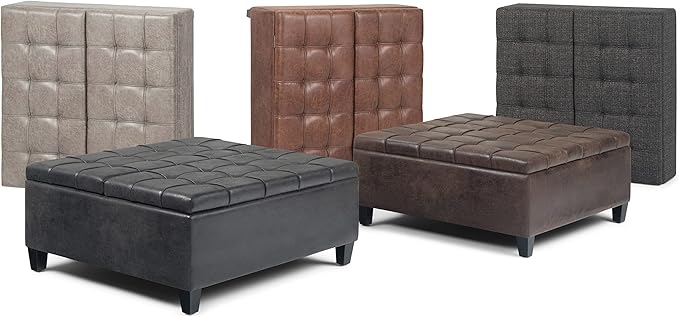 SIMPLIHOME Harrison 36 inch Wide Transitional Square Coffee Table Storage Ottoman in Distressed Grey Taupe Vegan Faux Leather, Assembled, For the Living Room and Bedroom