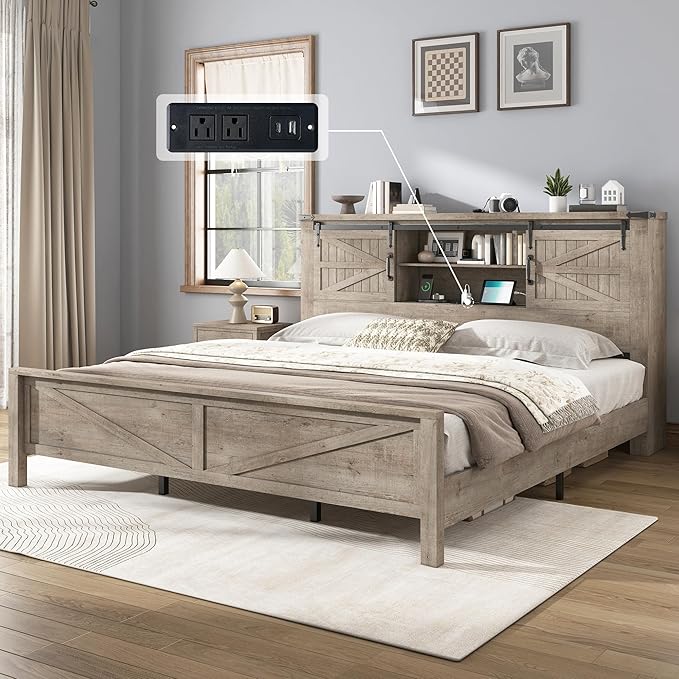 AMERLIFE Farmhouse King Bed Frame, Rustic Wood Platform Bed w/Barn Door Storage Bookcase Headboard & Charging Station, Bedroom Furniture, No Box Spring Needed, Light Grey