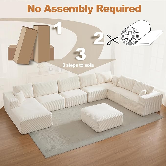 Modular Sectional Cloud Couch for Living Room,Modern Boneless Couche Set with Plush Corduroy,Comfy Floor Sofa with Memory Foam,Stupendous U Shaped Sofa with Ottoman,No Assembly Required,Beige
