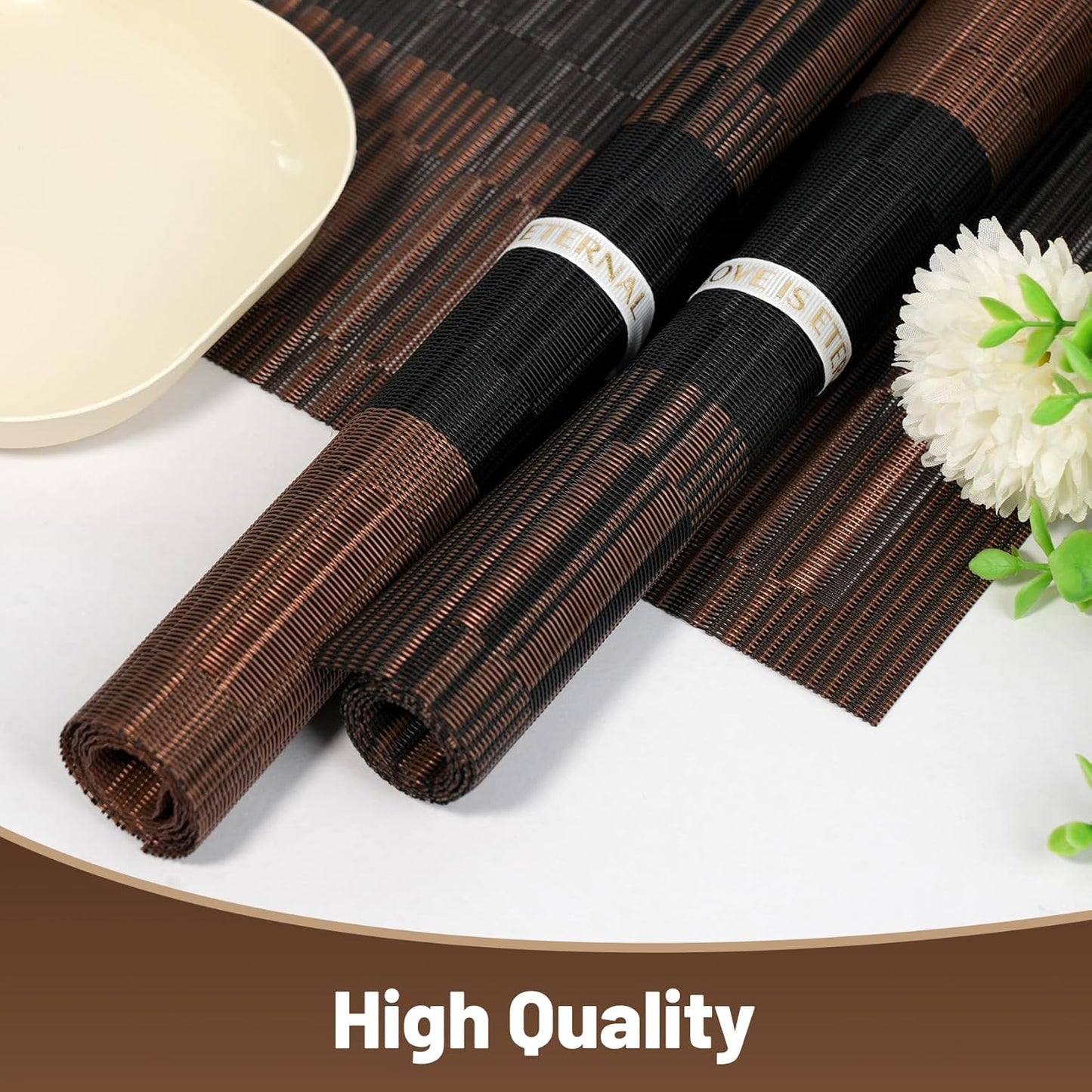 Placemats Set of 12，Non-Slip PVC Weave Table Mats Easy to Clean，Heat Resistant Place Mats for Kitchen Dining Table Decoration Indoor Outdoor，Black Brown