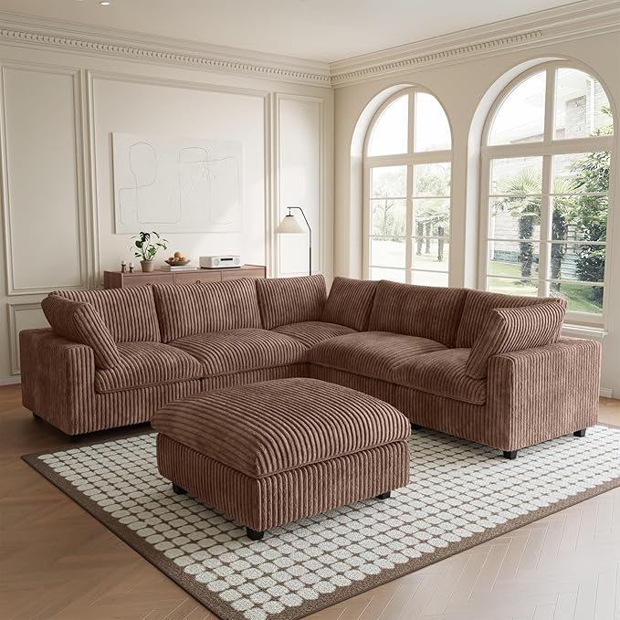 Modular Sectional Couch, Convertible L Shaped Sofa for Living Room, Deep Seat Cloud Sectional Couch, 5 Seat Comfy Modular Sofa, Cushion Covers Removable, Brown