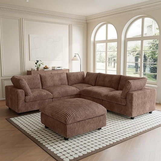 Modular Sectional Couch, Convertible L Shaped Sofa for Living Room, Deep Seat Cloud Sectional Couch, 5 Seat Comfy Modular Sofa, Cushion Covers Removable, Brown