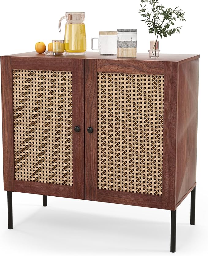 COSTWAY Buffet Cabinet with Storage, Storage Sideboard with Rattan Decorated Doors, Adjustable Shelf, Metal Legs, Accent Cabinet, Buffet Table Credenza for Hallway, Entryway, Living Room (1, Walnut)