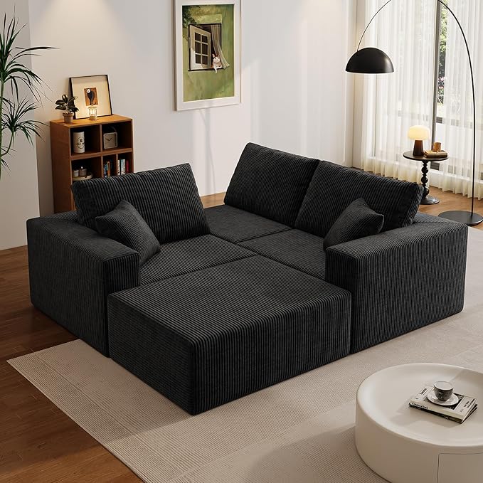 110" Boneless Cloud Sectional Couch for Living Room, Compressed Modular L-Shaped Sofa with Deep Seat, Frameless Corduroy Couch in Boxes, No Assembly Required 3-Seater (Right-Facing Chaise, Black)