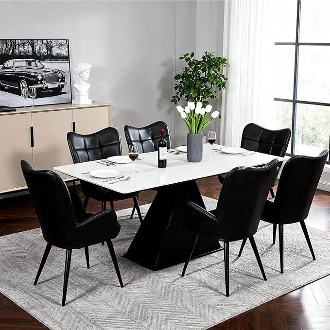 Modern Dining Room Chairs, Mid Century Faux Leather Kitchen Chairs with Back Support and Metal Legs, Accent Upholstered Dinner Chair for Kitchen, Dining Room, Living Room, Restaurant, Black