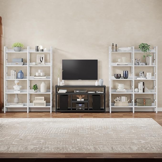 Tribesigns 5-Tier Industrial Bookshelf, 71”H x 47”W Etagere Bookcase, Freestanding Double Wide Book Shelf for Storage and Display, Wood and Metal Bookshelves for Living Room Home Office, White