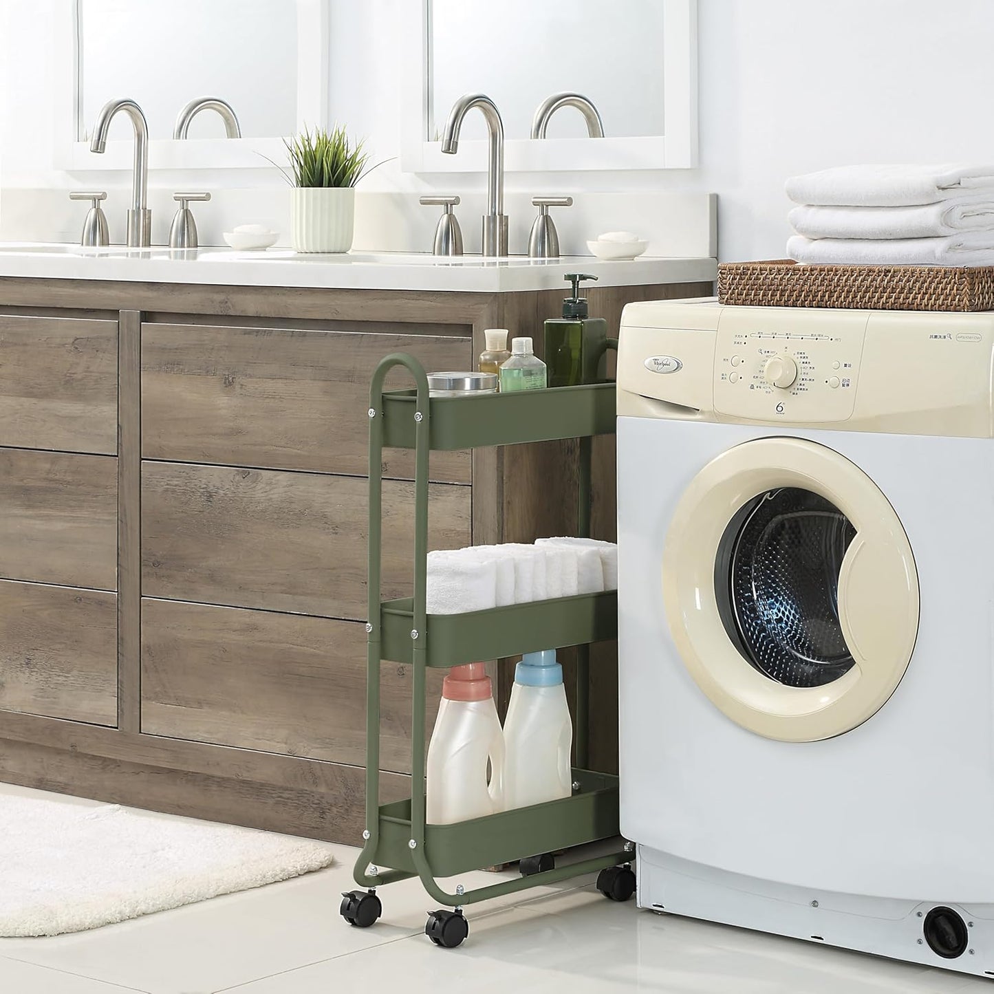 SunnyPoint Slim Rolling Storage Cart, 3 Tier Bathroom Storage Organizer Bathroom, Laundry Utility Cart (Army)