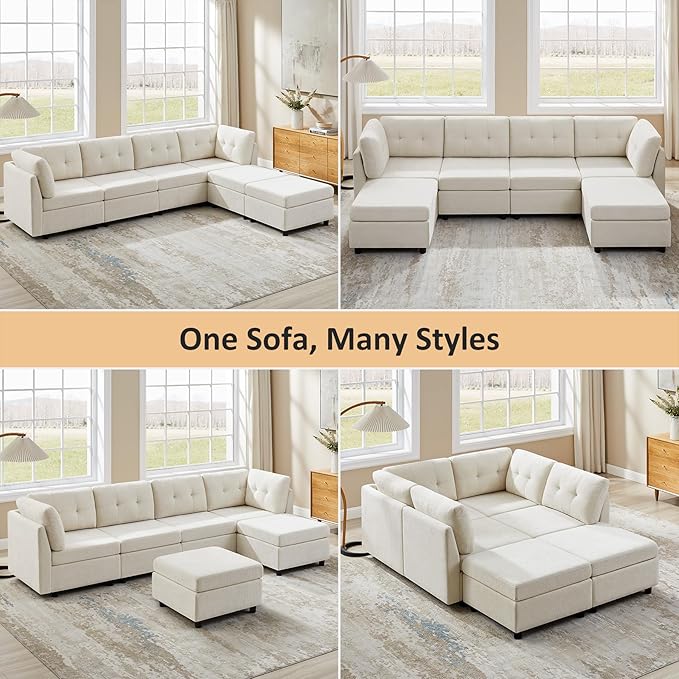 VANOMi 4 Seat Modular Sectional Sofa with 2 Ottomans, 118" Cloud Sofas & Couches, Comfy Chenille Sectional Couches for Living Room, Apartment, Office, Beige, U Shaped