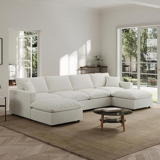 Modern Sectional Linen Couch for Living Room U-Shape Sofas,6 Seat Modular Cloud Sofas,Couches Cushion Covers Removable,Cozy Feather Down Sofa for Apartment Cream White
