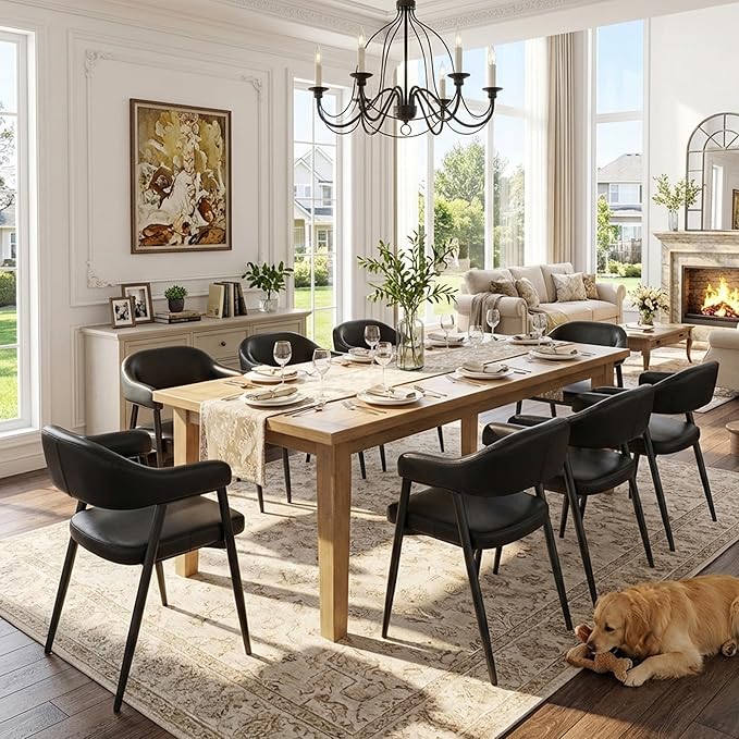 HNY Modern Dining Room Arm Chairs Set of 2, Retro Faux Leather Upholstered Barrel Dining Chairs with Arms Mid-Century Black Accent Chair with Metal Legs, Open-Back Kitchen Side Chair for Living Room