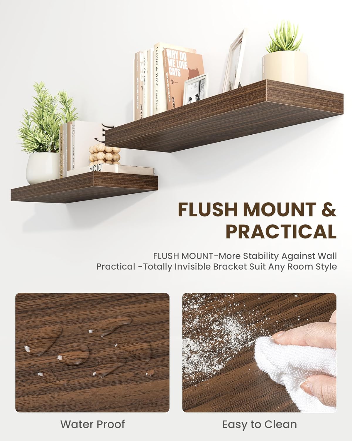 Marsmiles 72" Floating Shelves for Wall, Wooden Shelves with Invisible Brackets Set of 2, Rustic Farmhouse Wall Mounted Shelf for Kitchen Bathroom Living Room Study, Walnut