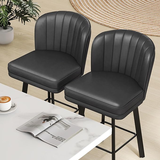 Swivel Counter Height Bar Stools Set of 4, 30'' Modern Barstools with Backs and Metal Legs, Upholstered Bar Chairs, Faux Leather Black Stools for Kitchen Island Chairs