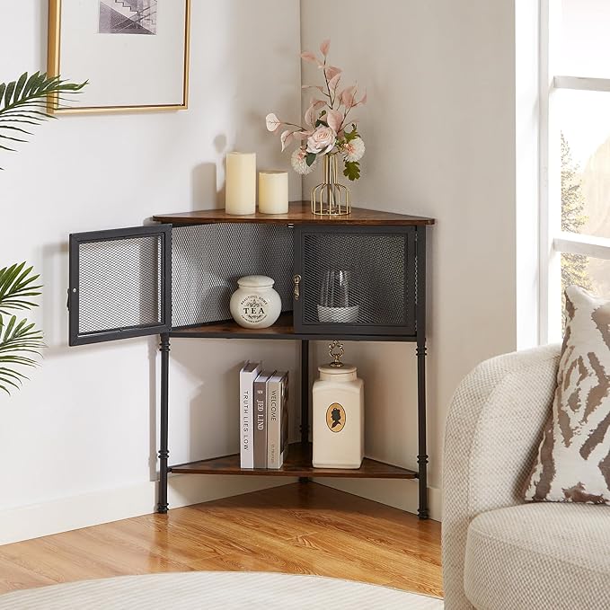 VECELO 3 Tier Corner Cabinet,Corner Table Shelf with Storage Cabinet,Industrial Metal Frame and Wood Shelves Organizer for Small Spaces in Living Room/Bedroom/Kitchen