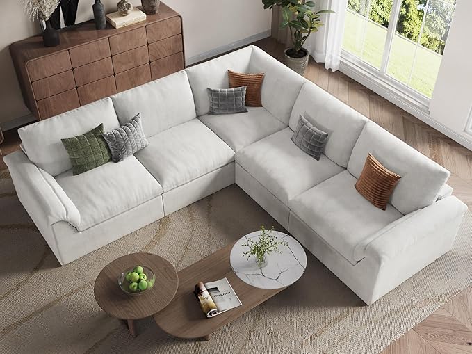 EASE MOOSE Oversized Cloud Couch Sectional Sofa, L-Shaped Modular Couch for Living Room, Minimalist Boneless Convertible Couches, 5-Seat Deep Sofas for Bedroom, Chenille (White)