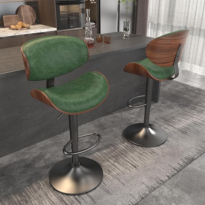 Bar Stools Set of 2, Bar Stools for Kitchen Island with Bentwood Back and Leather Seat, Green