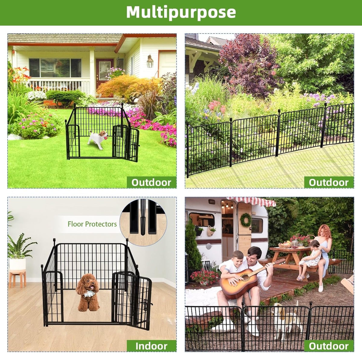 ADAVIN 48 in(H) Garden Fence, Low Threshold Door, Yard Fence for Dogs, 4 Panels Total 8.9 Ft(L) Garden Fencing Animal Barrier, Black Iron Metal Heavy Duty Pet Fences,Dog Digging Fences Barrier