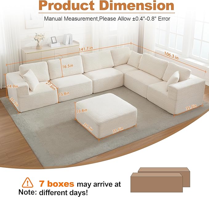 L-Shape Cloud Modular Sectional Sofa Couch,Modern Boneless Sectional Couch with Deep Seat,Upholstered Couches for Living Room Bedroom,No Assembly Required,Beige