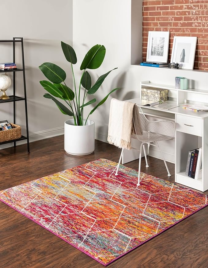 Unique Loom Trellis Frieze Collection Area Rug - Geometric (3' Square, Multi/ Ivory)