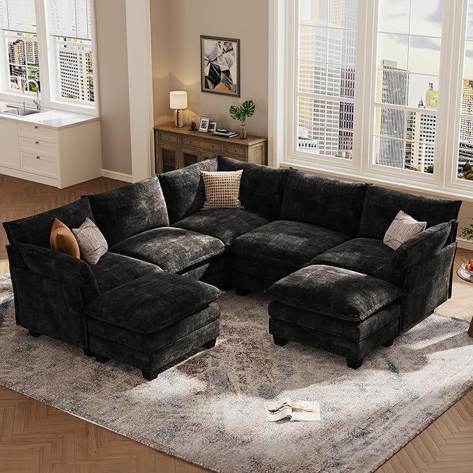 KKL 120" Modular Sectional Sofa, Large V Shape 7 Seater Convertible J/L/U-Shaped Modern Sectional Couch with Ottoman, Chenille Sectional Couches for Living Room, Apartment, Black