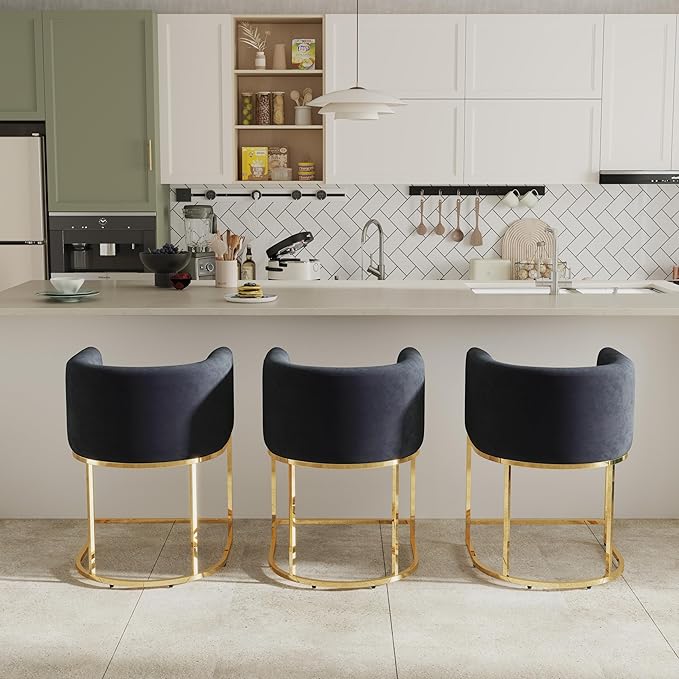 Contemporary Black Velvet Bar Stool, 24" Upholstered Fabric Counter Height Barstool Kitchen Counter Island Stool with Screwed Together Golden Metal Base