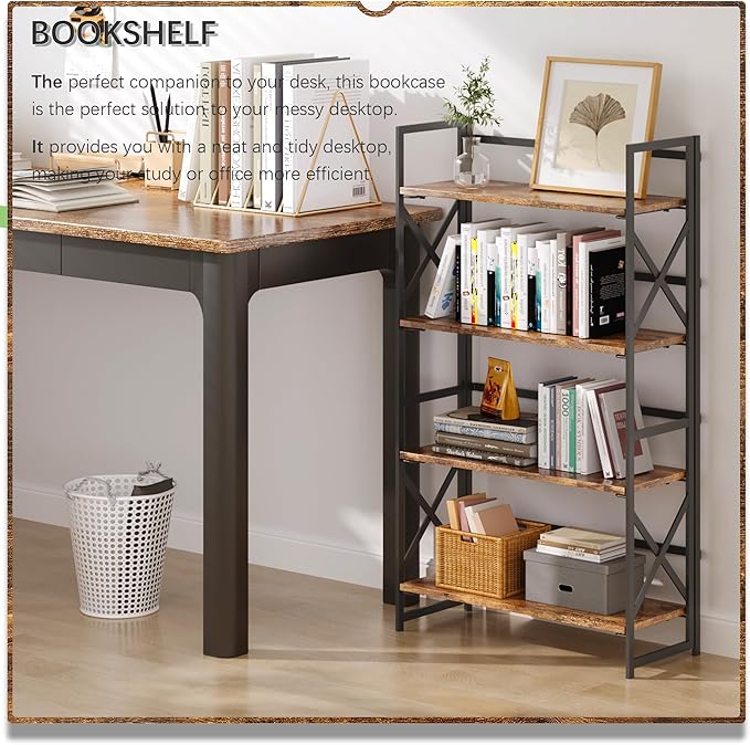 4NM 4 Tiers No Assembly Book Shelves, 41.3" H Folding Bookshelf Bookcase Open Industrial Foldable Shelves for Bedroom, Living Room, Home Office - Rustic Brown Black