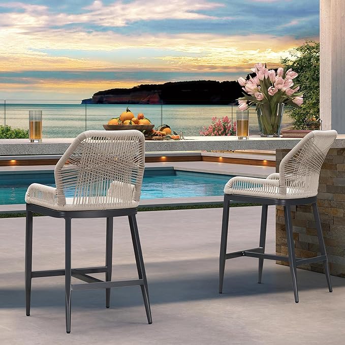 PURPLE LEAF 2 Pieces Counter Height Bar Stools Patio Boho Rattan Barstools Aluminum Woven Bar Chairs with Cushions for Outdoor Kitchen Island Garden