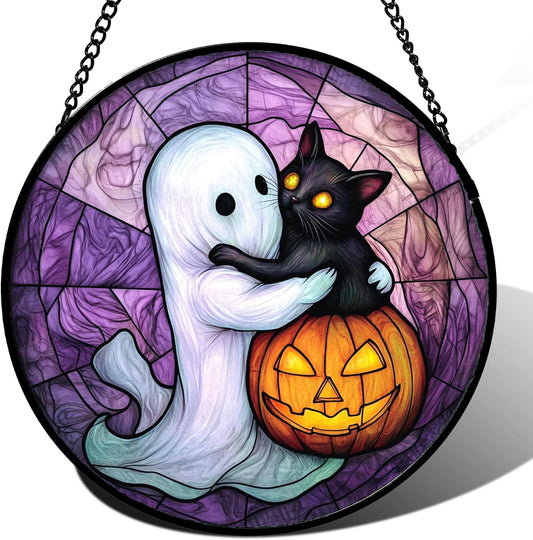 Stained Glass Window Hanging - Halloween Decorations Ghost Black Cat Pumpkin Suncatcher for Door Garden Spooky Purple Sun Catchers Gothic Decor Horror Gifts for Women Men Friend Boy 11.8 in