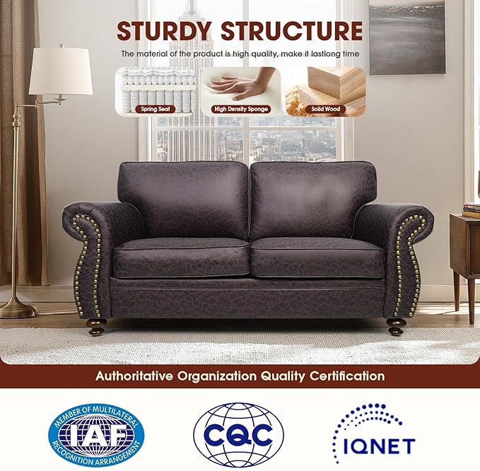 Mid-Century Vintage Sofa Couches with Rivet Design,loveseat Sofa,Removable Sofa Cover Upholstered Cushions and Solid Wood Frame (Brown, Loveseat)