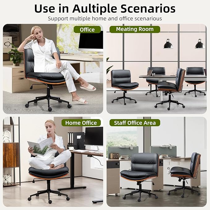 Office Chair, Criss Cross Legged Office Desk Chairs with Wheels, PU Leather Adjustable Swivel Walnut Task Chair with Wide Seat, Ergonomic Mid Back Computer Chair for Meeting Room, Home