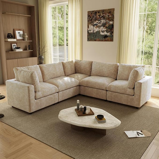WJShome V Shaped Sectional Couch 100 Inch 5-Seater Modern Modular Sofa,Chenille Deep Seat Couches for Living Room, Bedroom and Apartment，Khaki
