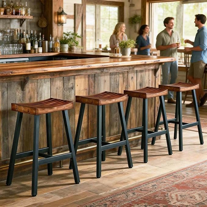 OUllUO Bar Stools Set of 2, Backless Saddle Barstools, 25" Counter Height Bar Stools, Solid Wood Counter Stools with Metal Frame, 521P-BBWD