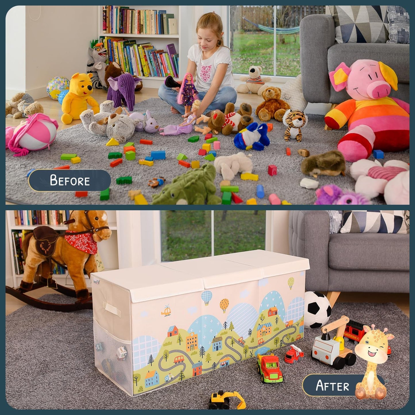 Extra Large Toy Storage Organizer with Lid - Sturdy, Collapsible Toy Chest Storage Box with Cute Design - Toys Bin with Dividers for Kids, Boys, Girls, Nursery, Bedroom, Play room 37"x16"x14"