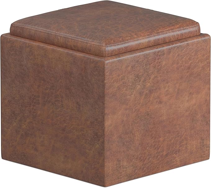 SIMPLIHOME Rockwood 18 inch Wide Contemporary Square Cube Storage Ottoman with Tray in Distressed Saddle Brown Vegan Faux Leather, Assembled, For the Living Room, Entryway and Family Room