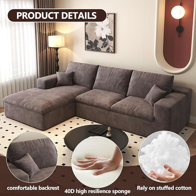107'' L-Shaped Modern Modular Sectional Cloud Couch, 4-Seat Chenille Deep-Seat Sofa with Pillow for Living Room, Bedroom, Apartment, Camel
