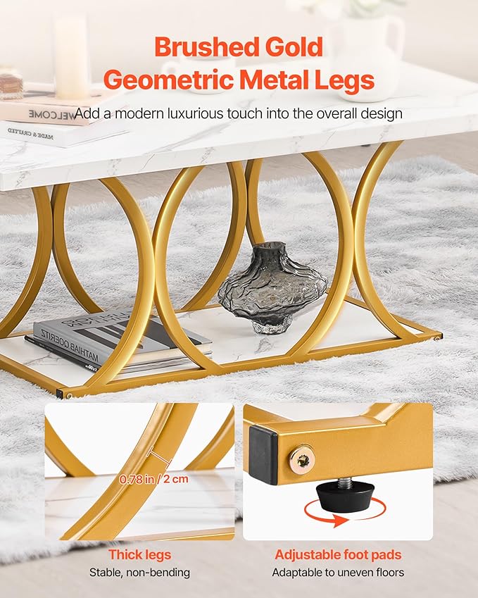 VEVOR Coffee Table, Modern Faux Marble Coffee Table, 2-Tier Rectangle Center Desk with Geometric Legs, Minimalist Sturdy Metal Frame Accent End Desk for Living Room, Office, Easy Assembly, White