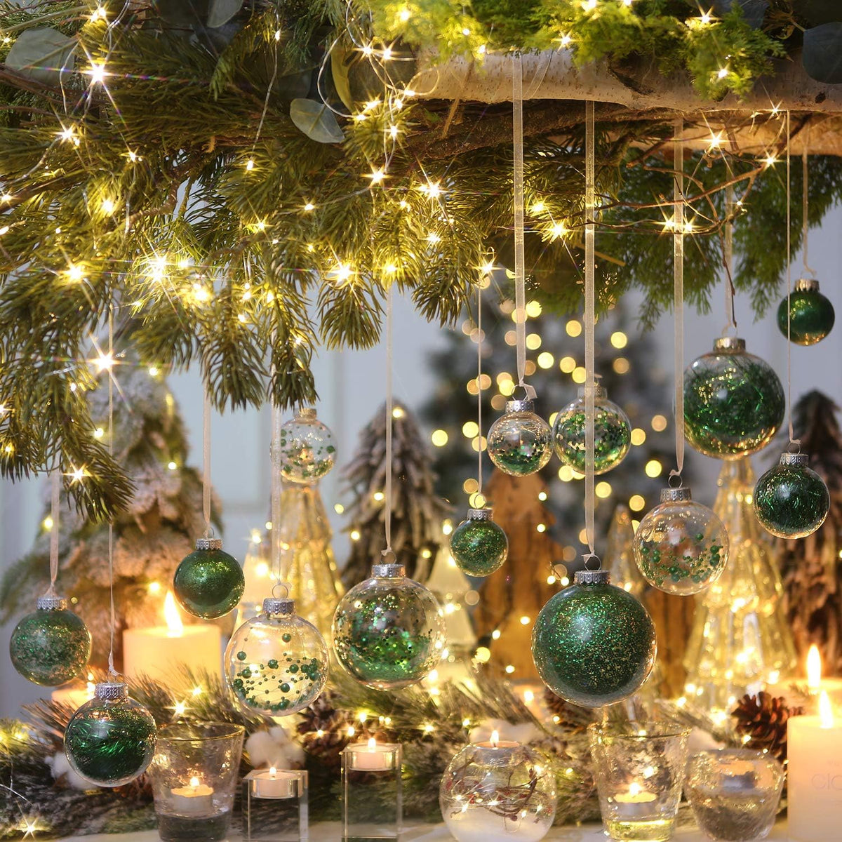 Sea Team 60mm/2.36" Shatterproof Clear Plastic Christmas Tree Ball Ornaments Set, Decorative Hanging Transparent Xmas Baubles with Stuffed Delicate Decorations (30 Counts, Gold, Red, Green)