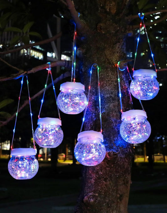 Solar Lantern Solar Lights Outdoor Waterproof 6-Pack, Solar Powered Hanging Lights Cracked Glass Hanging Globes for Christmas Decoration, Shepherd Hook, Garden Tree Ornaments,White Cap, Multi-Color