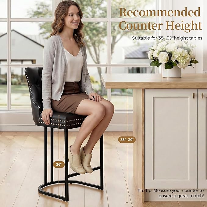 Counter Height Bar Stools Set of 3 for Kitchen Island, Modern Bar Stools with Backs, 26 Inch Barstools with Upholstered Faux Leather Seat and Metal Frame, Black