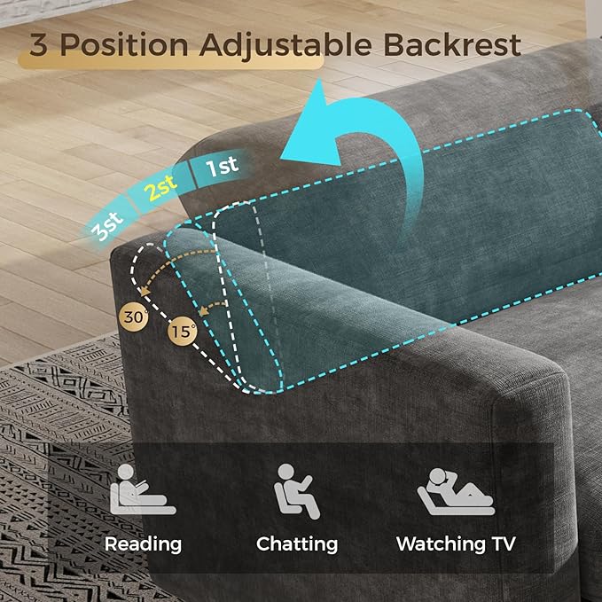 KKL Modular Sectional Couches for Living Room, Chenille 5 Seater Sofa Couch with Adjustable Backrest, Sofa Couch with Comfy Cushion, Dark Grey