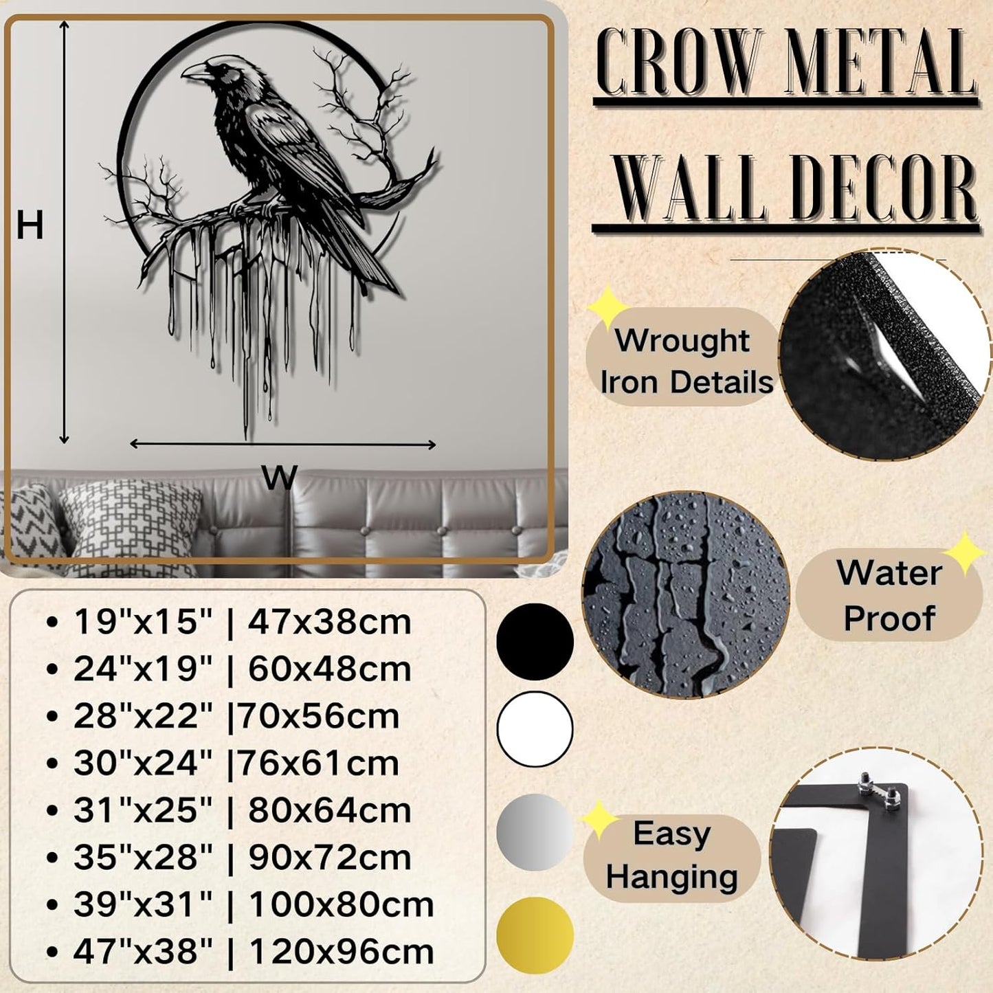 Crow Metal Wall Decor, Raven Wall Art, Large Gothic Raven Decor Hangings, Bird Wall Decor, Metal Tree Branch Decor, Ravens Sign, Raven Art for Living Room (Gold, 19"x15" | 47x38cm, metal wall art)