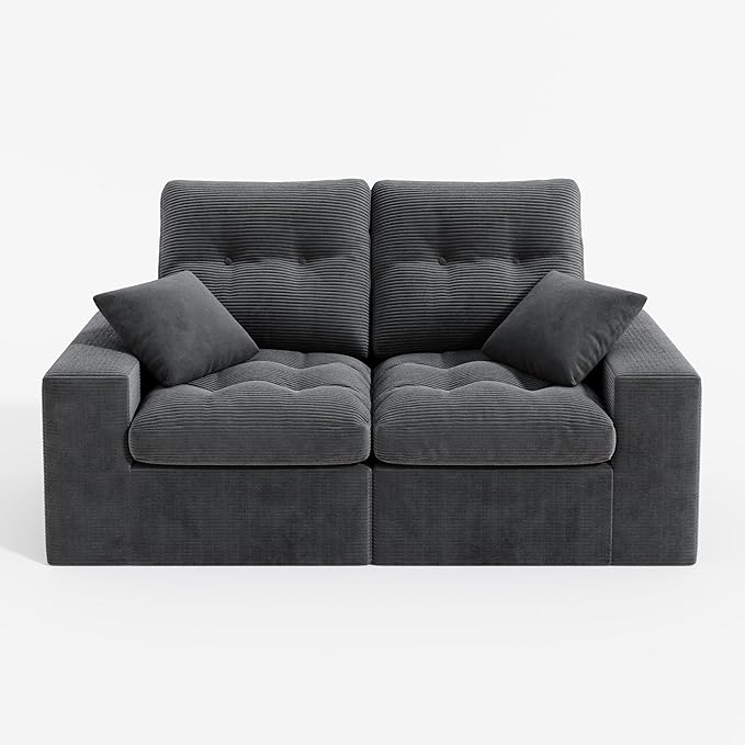 High Back Boneless Couch, Loveseat Cloud Couch with Versatile 2-Pack Pillow Blankets, Corduroy Modular Sectional Sofa, No Assemble Sectional Couches for Living Room, Dark Grey