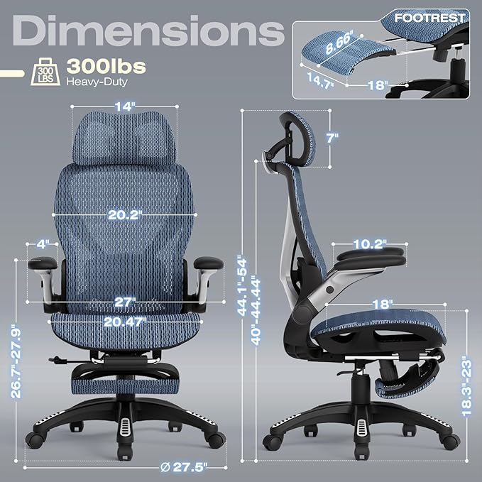 ELABEST X100 Ergonomic Office Chair with Footrest, Big and Tall Home Desk Chair with 5D Flip-Up Arms, Adjustable 3D Lumbar Support,High Back Rolling Computer Chair, Swivel Mesh Chairs (Oaxaca Blue)