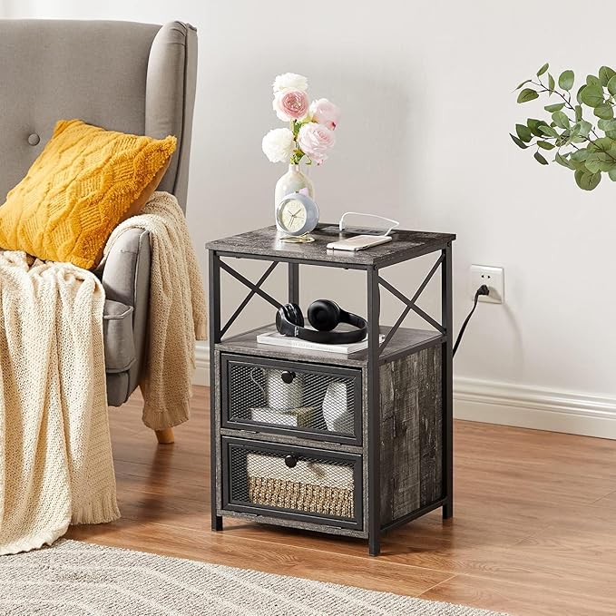 VECELO Misty Gray End Table with USB Ports and Outlets,24 Inch Nightstands with Charging Station and Storage Shelf for Bedroom,Living Room, 2 Set