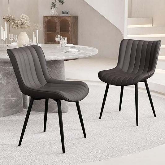 YOUNUOKE Dining Chairs Set of 2 Upholstered Mid Century Modern Kitchen Chair Comfortable Armless Faux Leather Accent Chair with Metal Legs for Guest Waiting Reception Living Room, Dark Brown