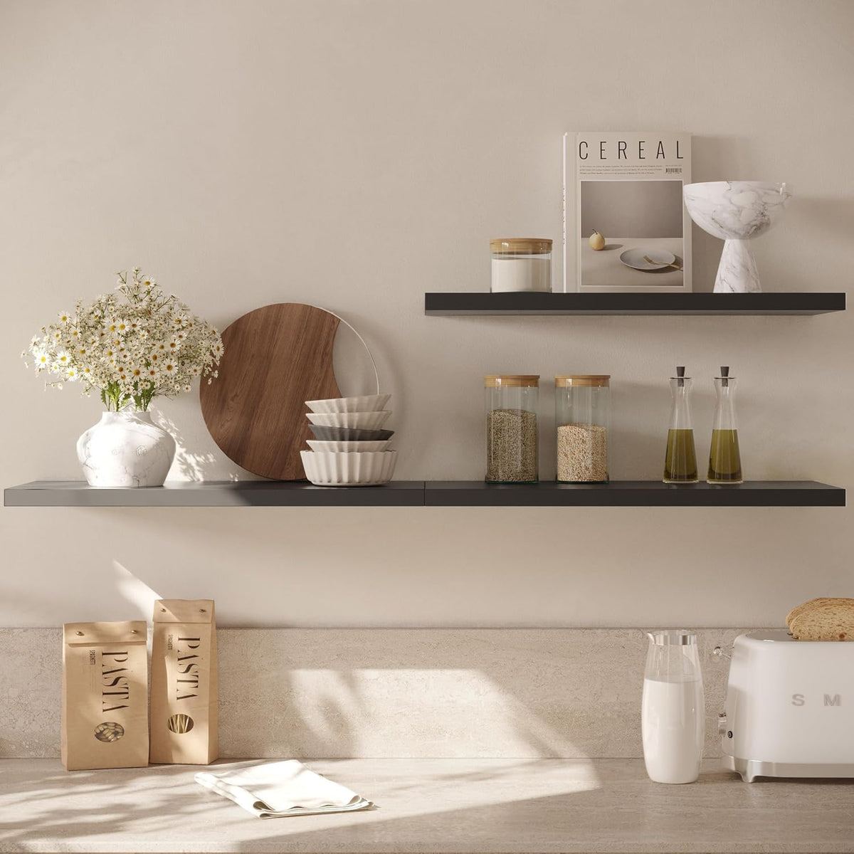 Wall Shelf Set of 2, Black Floating Shelves 24 in W x 10 in D x 1 in H, Wooden Floating Wall Shelf with Invisible Brackets for Living Room/Bedroom/Bathroom/Kitchen Storage and Decor