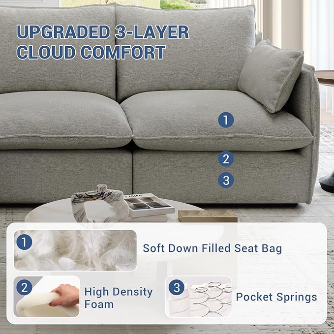 Cloud Modular Sectional Sofa, Waterproof Down Filled Sectional Sofas, High Backrest 4 Seater Sectional Couches for Living Room, Modern Modular Couch with Removable Cover, Light Gray