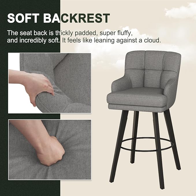 360°Swivel Counter Height Bar Stools with Back, 30 inch Solid Wood Legs, Bar Stool Modern Kitchen Island Chairs, Fabric (Mid-Grey- Fabric, 30" H- Set of 3)